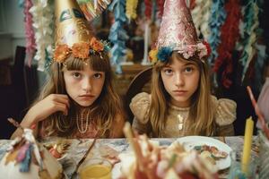 ai generado dos muchachas vistiendo festivo sombreros, sentado a un comida mesa disfrutando un comida foto