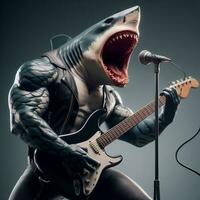 AI generated illustration of a shark playing guitar, singing rock, generated by AI photo