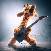 AI generated illustration of a giraffe playing guitar, singing rock, generated by AI photo