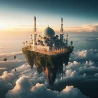 AI generated a mosque that floats on the endless sea. AI generated photo