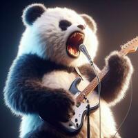 AI generated illustration of a panda playing guitar, singing rock, generated by AI photo