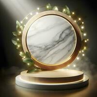 AI generated Podium mockup for advertising in round shape from marble and wood, AI generated. photo