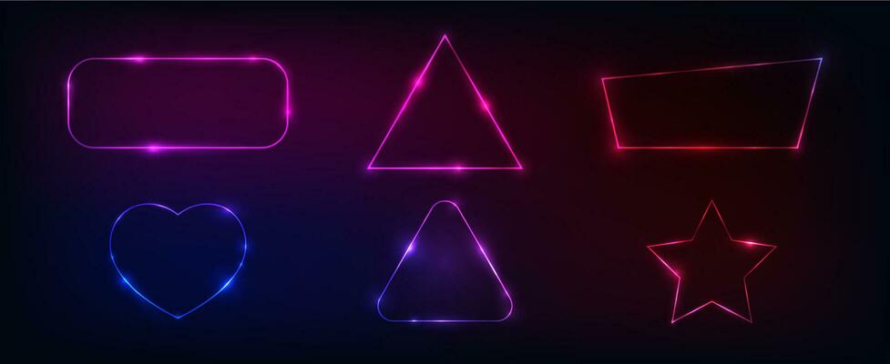Set of six neon frames with shining effects