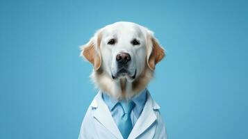 ai generado perro en ropa en azul antecedentes. estudio retrato de un linda grande perro. foto