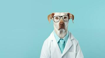 ai generado grande perro en médico Saco y lentes en ligero azul antecedentes. foto