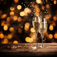 AI generated Christmas and New Year background. Glass of champagne on bokeh background. photo