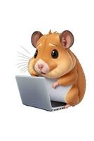 AI generated cute hamster working on a computer on a white background photo