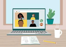 Virtual online meeting. Workers using computer for group video conference. Distant discussion, learning. Remote working. Corporate video call. Work at home with a laptop. People connecting together vector