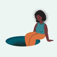 Depressed african american woman sits on the edge of dark hole and crying. Lonely woman. Young unhappy girl. Apathy, powerless, sadness. Mental health concept vector