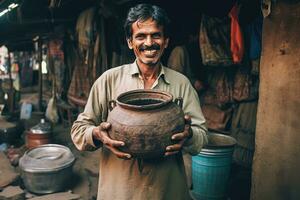 AI generated A Happy Man Displaying a Large Clay Pot photo