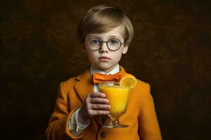 AI generated The Little Boy in a Suit Holding a Glass of Juice photo