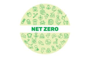 Net zero circle green banner. Carbon neutral concept. wind turbine, bicycle,light bulb, carbon footprint, ocean cleanup, co2 molecule, recycling, public transportation, green factory. Vector