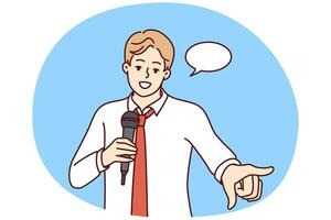 Young confident man with microphone make speech in front of audience. Smiling male speaker or coach with mic talk or make presentation. Vector illustration.