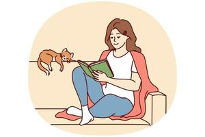 Happy young woman sit on sofa reading book with cat sleeping near. Calm relaxed girl rest on couch with novel enjoy weekend with pet. Vector illustration.