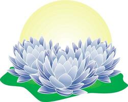 Illustration blue lotus flower on green leaf and yellow circle background. vector