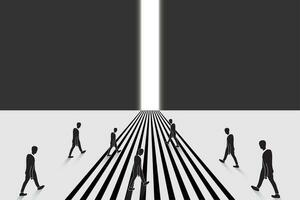 Illustration silhouette people walking toward the  exit way with light on gray background. vector