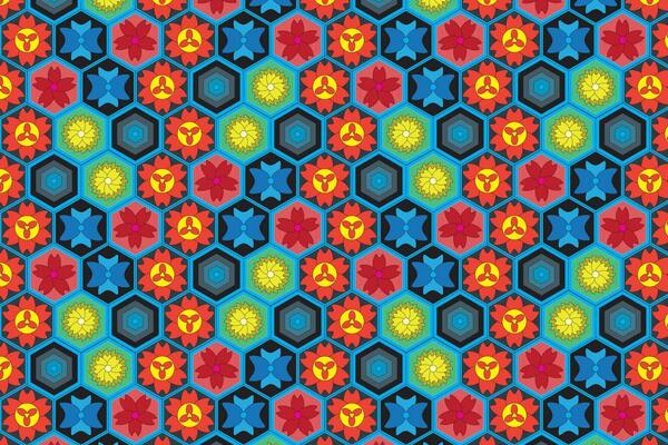 Illustration, Abstract flower in hexagon on blue background.
