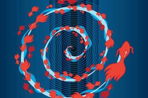 Illustration abstract of red fish on blue gradient with blue line circle background. vector