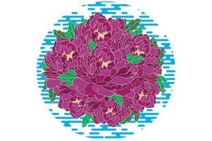 Illustration of pink peony flower bouquet on blue line with circle background. vector