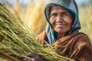 AI generated An elderly woman working in the fields with grass or hay. photo