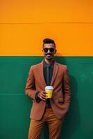 AI generated Stylish man in a suit stands in front of a bright orange wall, holding a cup of coffee photo