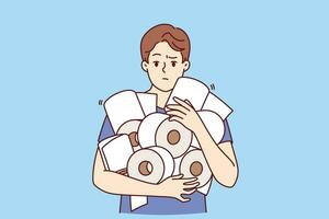 Man holds pile of toilet paper in hands, having experienced panic due to announcement of storm warning or quarantine. Funny guy with toilet paper for concept of shortage of hygiene products in store vector