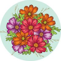 Illustration of cosmos flower with leaf on soft green circle color background vector