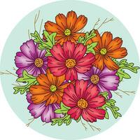 Illustration of cosmos flower with leaf on soft green circle color background vector