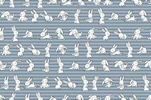 Illustration pattern of white rabbits group with blue line background. vector