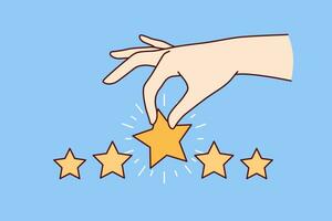 Hand with stars is metaphor for feedback from customer positively evaluating service and giving rating 5. High user satisfaction rating after ordering online in restaurant or taking taxi ride vector