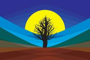 Illustration abstract of silhouette tree with yellow circle on multi color background. vector