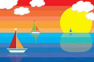 Three boat on the sea with big sun and clouds on multicolored background. vector