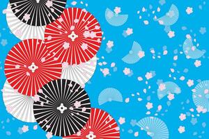 Illustration, Abstract umbrella with sakura flower and petal fall on blue background. vector