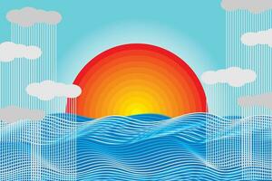 Abstract seascape, Big sunrise gradient color with blue line and rain cloud on sky. vector