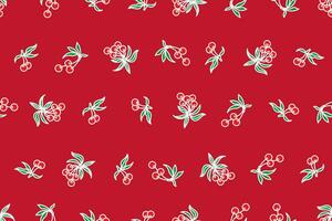 Illustration, pattern of cherry with leaves on red background. vector