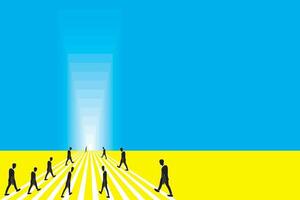 Illustration silhouette people walking toward the destination of light with white line on yellow and blue empty background. vector
