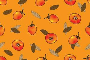 Illustration pattern of persimmon fruit with leaves on orange background. vector