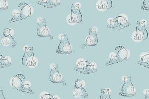 Illustration line of cat with circle on soft blue background. vector