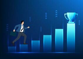 Businessman running upwards Graph the chart to get the trophy. Shows how to do business to reach goals Let the company grow exponentially, Chart price of a company's online financial business vector