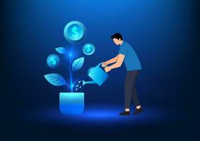 Financial technology, man watering plants that yield coins, representing an investment in accumulating cryptocurrencies to grow and spend in the future Cryptocurrency based on the blockchain system vector