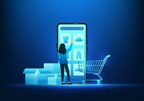 E-commerce industry Women choosing products on a smartphone Selling products online through the internet or applications does not require a storefront, convenient for both buyers and sellers vector