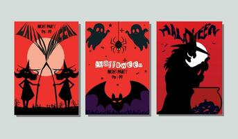 Halloween Invitation Posters Set with Red Backgrounds and With Witch, Bats, Spiders and Spookies vector