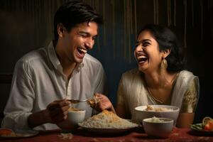 ai generado un hombre y mujer compartiendo un risa mientras comiendo arroz a el mesa foto