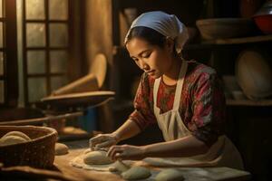 ai generado el Arte de un pan haciendo - un joven panadería viaje foto