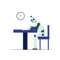 a robot sitting at a table with a clock on it png