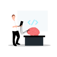 a man is standing next to a computer with a brain on it png