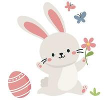 Flat vector illustration for easter day card. Cute bunny running after butterfly with daisy, Easter egg