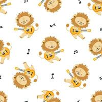 Seamless vector pattern. Cute lion playing guitar, sheet music. Pattern for printing on children's products on white background