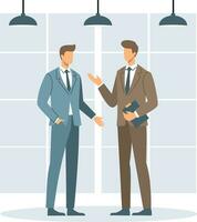 Flat vector illustration. Two office workers in business suits talking to each other