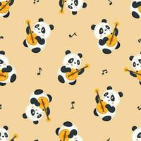 Seamless vector pattern on beige background. Cute panda dancing and playing guitar